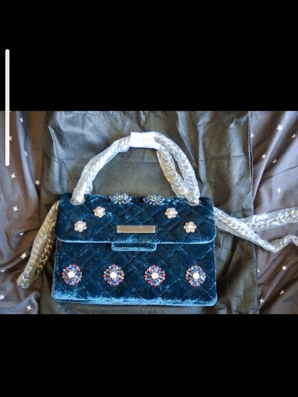 Embellished Velvet Top-Handle Bag in Teal Blue